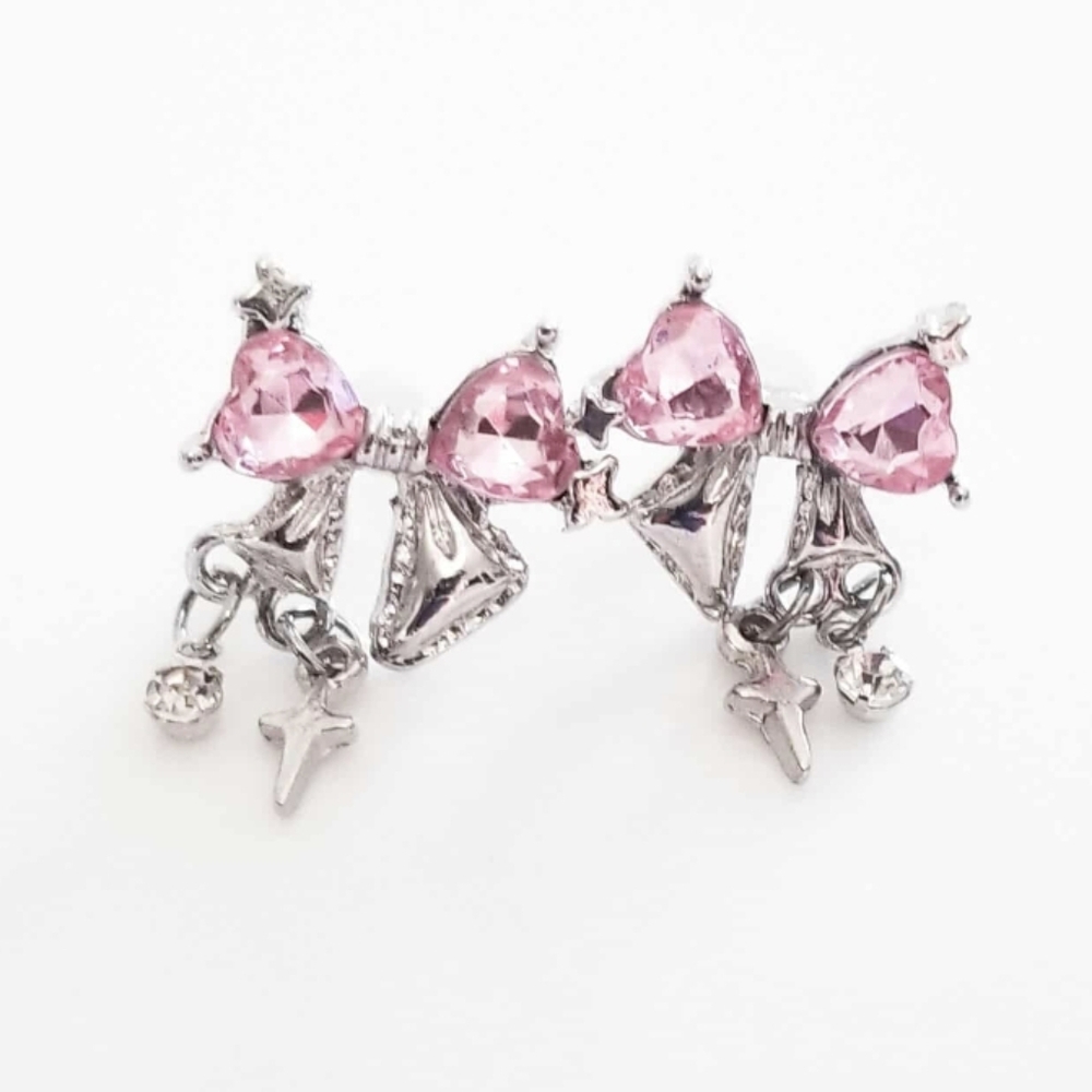 NEW Cider Silver & Pink Coquette Style Bows Stud Earrings w/ Sparkles